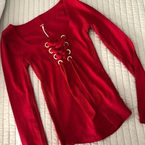 Free People red scoop neck top womens small long sleeve lace up